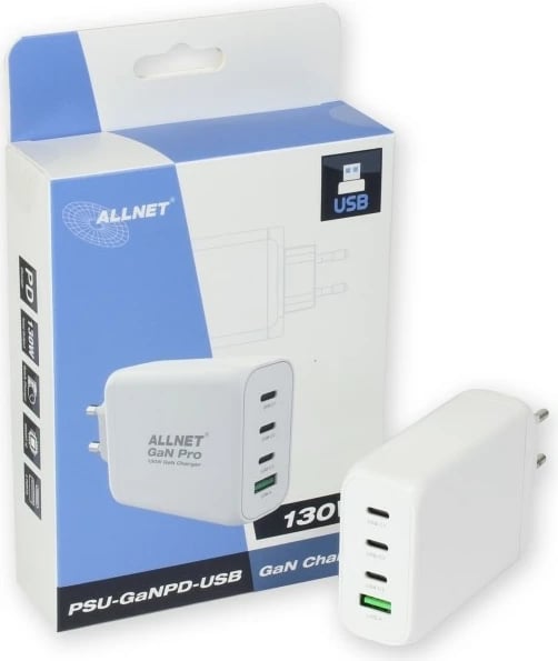 Karikues ALLNET GaN 130W, 1x USB Typ-A QC, 3x USB Typ-C, i bardhë