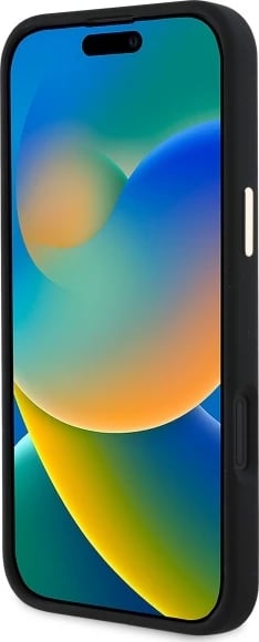 Mbështjellës Guess Silicone Logo Strass 4G për iPhone 16, i zi