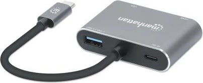 Adapter MANHATTAN USB-C në HDMI & VGA 4in1, Power Delivery, gri