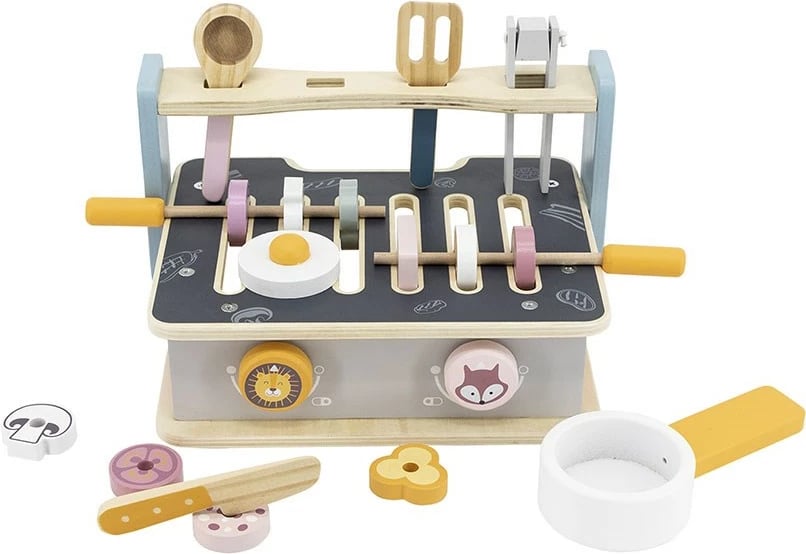 Mini kuzhinë druri, Viga, sobë palosëse me tigan e tenxhere, aksesorë lojë imagjinare 2+ vjeç, multikolor, set