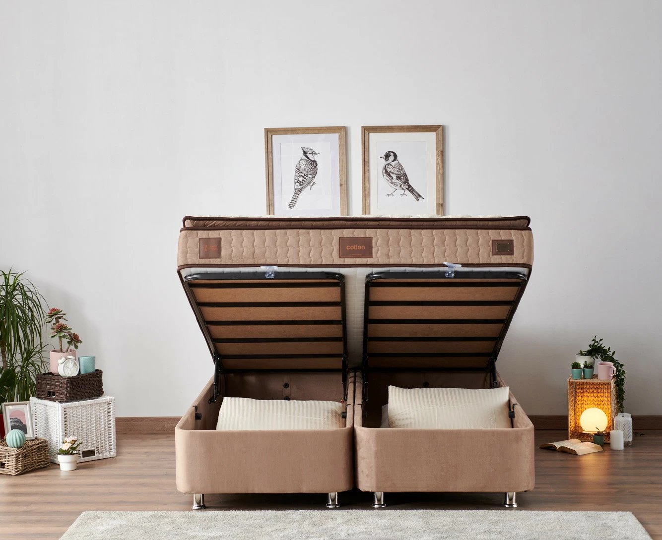 Dyshek dopio, bazë dhe shtrat, Skye Decor Helen, ngjyrë kafe e çelët, 150x200cm