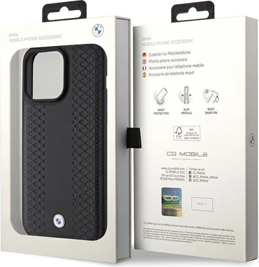 Mbështjellës BMW Leather Diamond Pattern për iPhone 15 Pro, i zi
