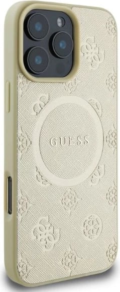 Mbështjellës Guess Saffiano Peony Classic Logo MagSafe për iPhone 16 Pro, ari