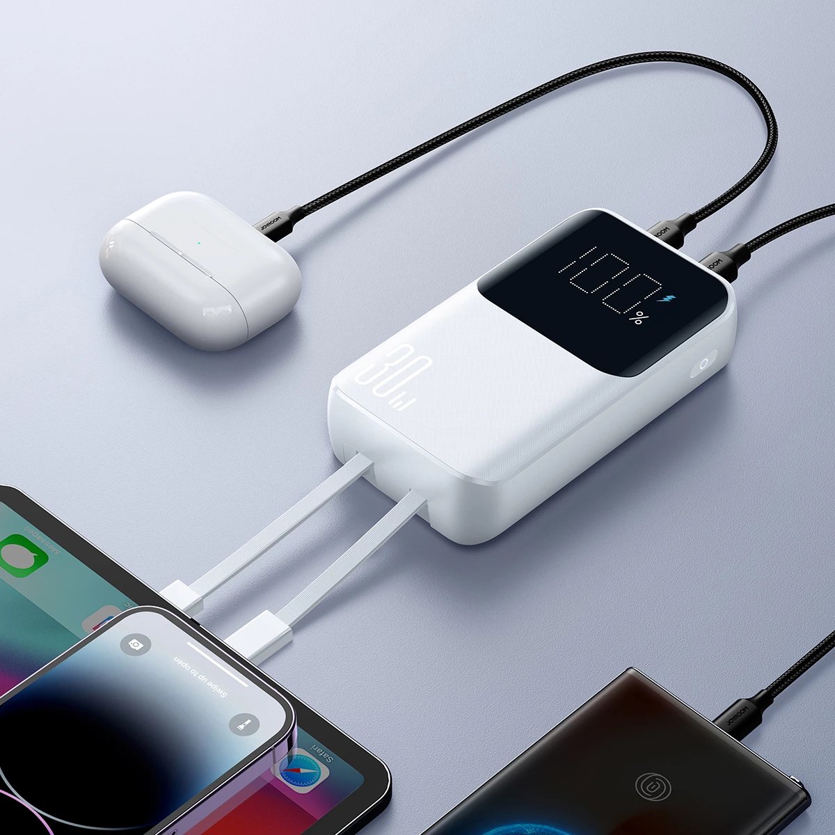 Powerbank Joyroom JR-PBC06, 10000mAh, 30W, me kabllo të integruara, Bardhë
