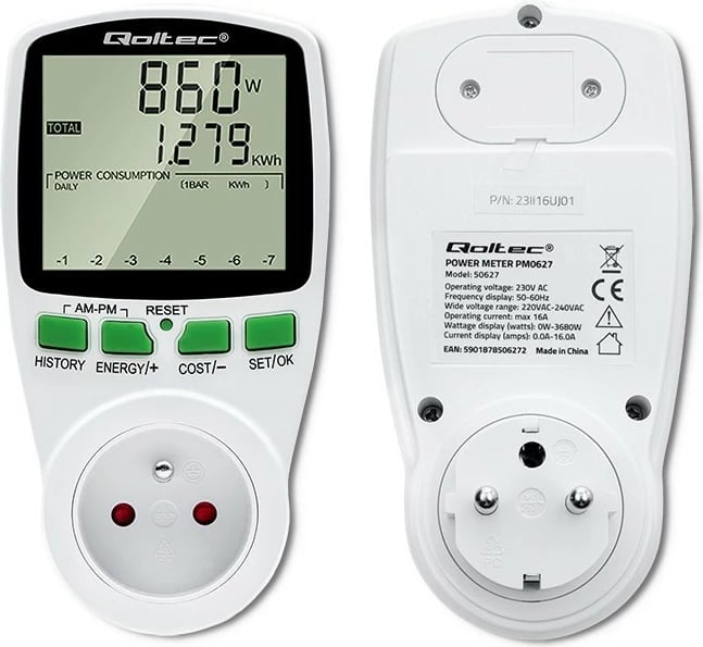 Matës i konsumit të energjisë Qoltec PM0627, 3680W, 16A, LCD, Bardhë