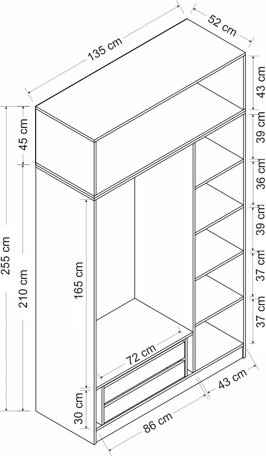 Dollap garderobe Skye Decor, 3 dyer, 2 sirtarë, 255cm, antracit-dore