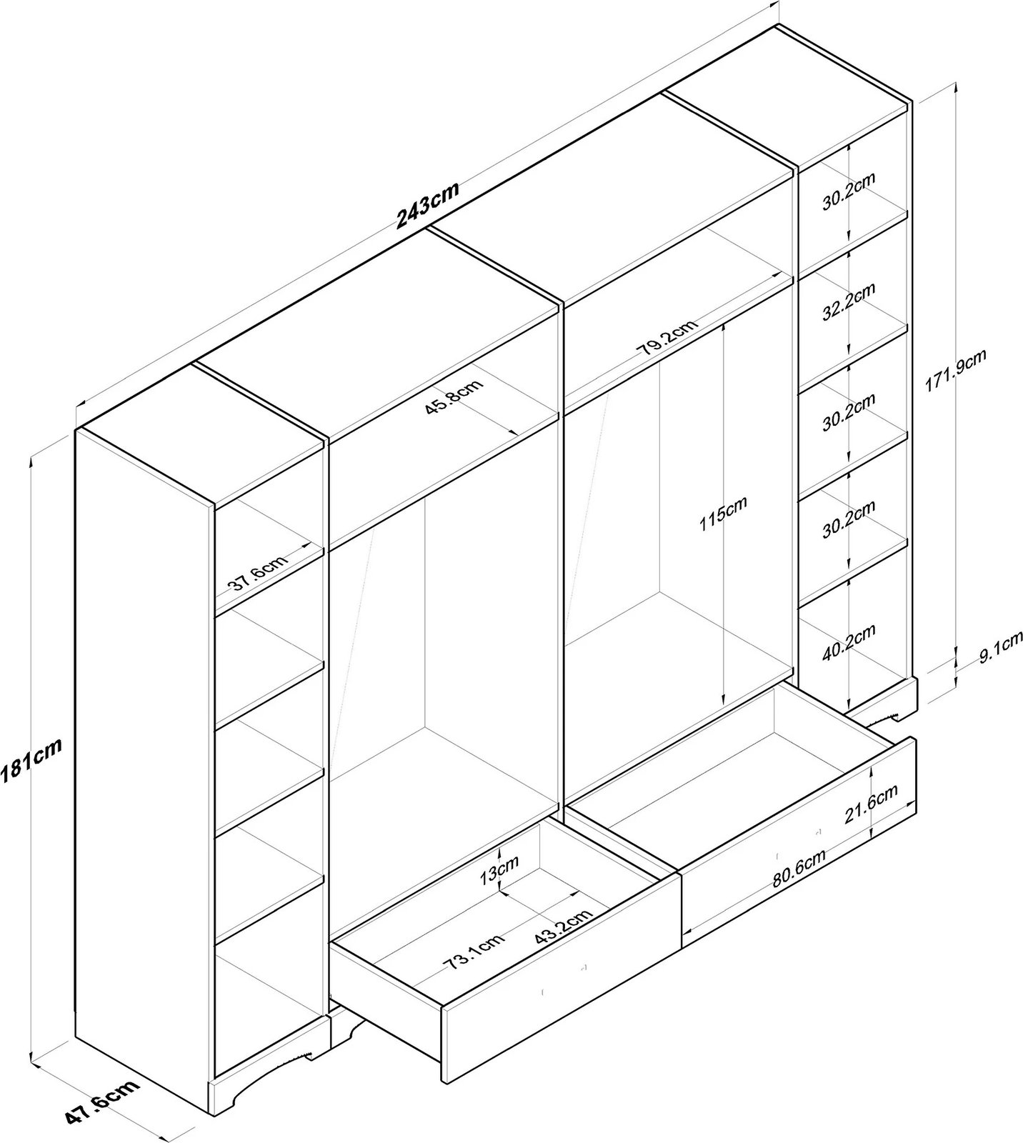 Dollap Hanah Home, F4 - 524, ngjyrë e bardhë dhe arre, 243x181x47.6cm