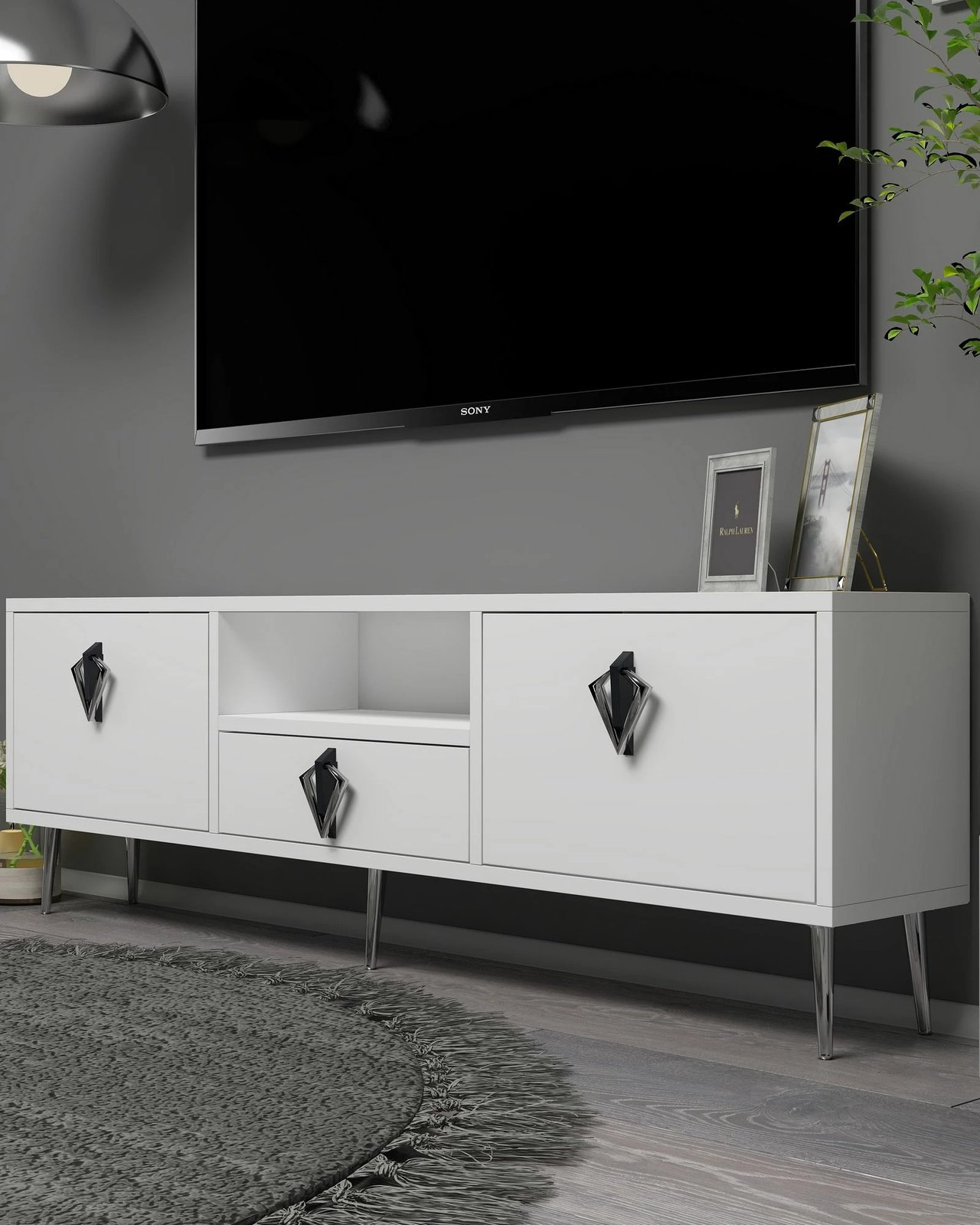 Komodë TV Skye Decor, 1311-DROP-32, e bardhë, e zezë, argjend