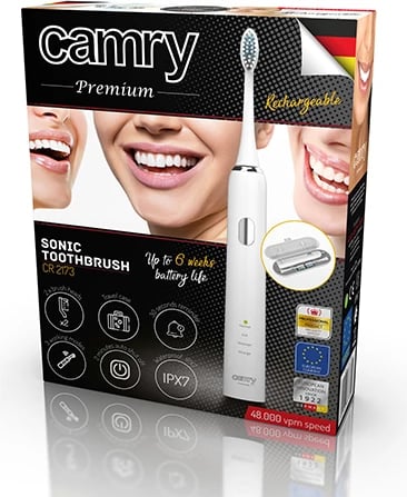 Furçë dhëmbësh sonike, Adler CR 2173, 48,000 vpm, 3 moda, IPX7, 180 min bateri, e bardhë, set me 2 koka + kuti udhëtimi