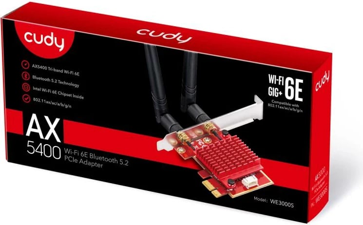 Kartë rrjeti Wi‑Fi PCI‑Express, Cudy WE3000S, dy konektorë antene, komplet me bravë standarde dhe low‑profile