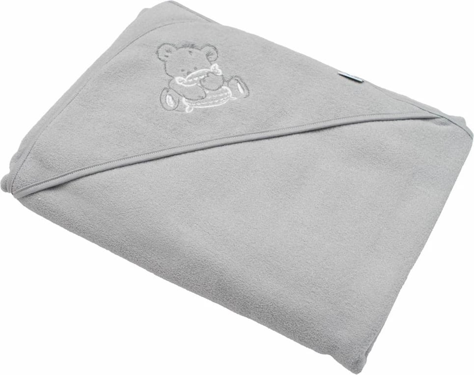 Peshqir bebe me kapuç New Baby 100x100 cm me qëndisje arushë gri