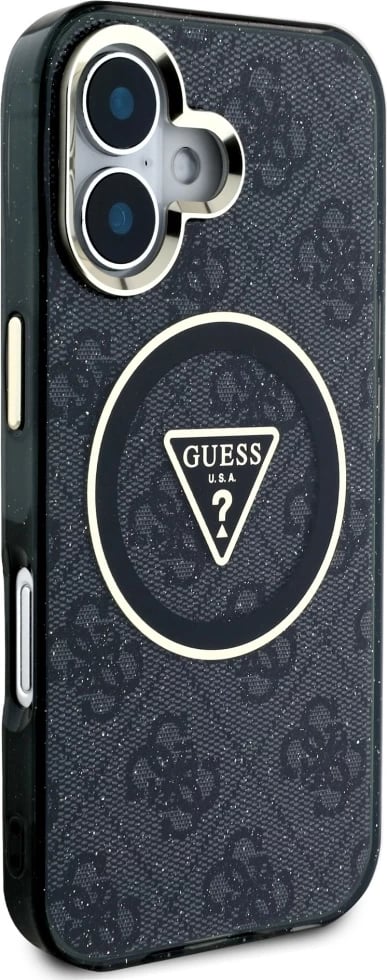 Mbështjellës Guess IML Metal Glitter 4G Circle Triangle MagSafe për iPhone 16, i zi Mbështjellës Guess IML Metal Glitter 4G Circle Triangle MagSafe për iPhone 16, i zi