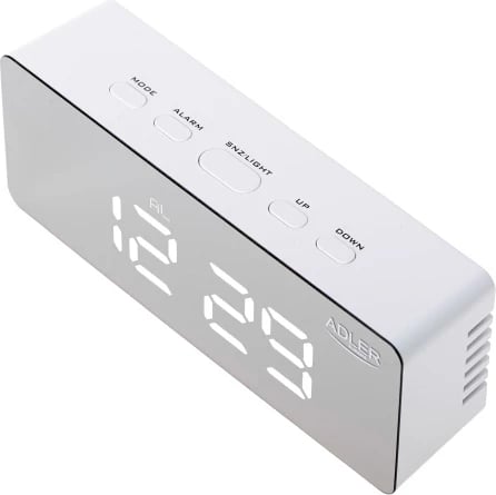 Orë me alarm, Adler AD 1189, ekran LED, shfaqje temperature dhe date, ndriçim i rregullueshëm, USB/3xAAA, e bardhë