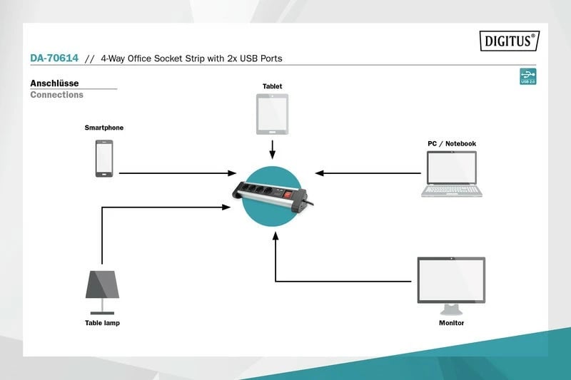 Prizë zgjatuese Digitus DA-70614, 4 dalje Schuko, 2x USB, alumini/zezë, 1.5m