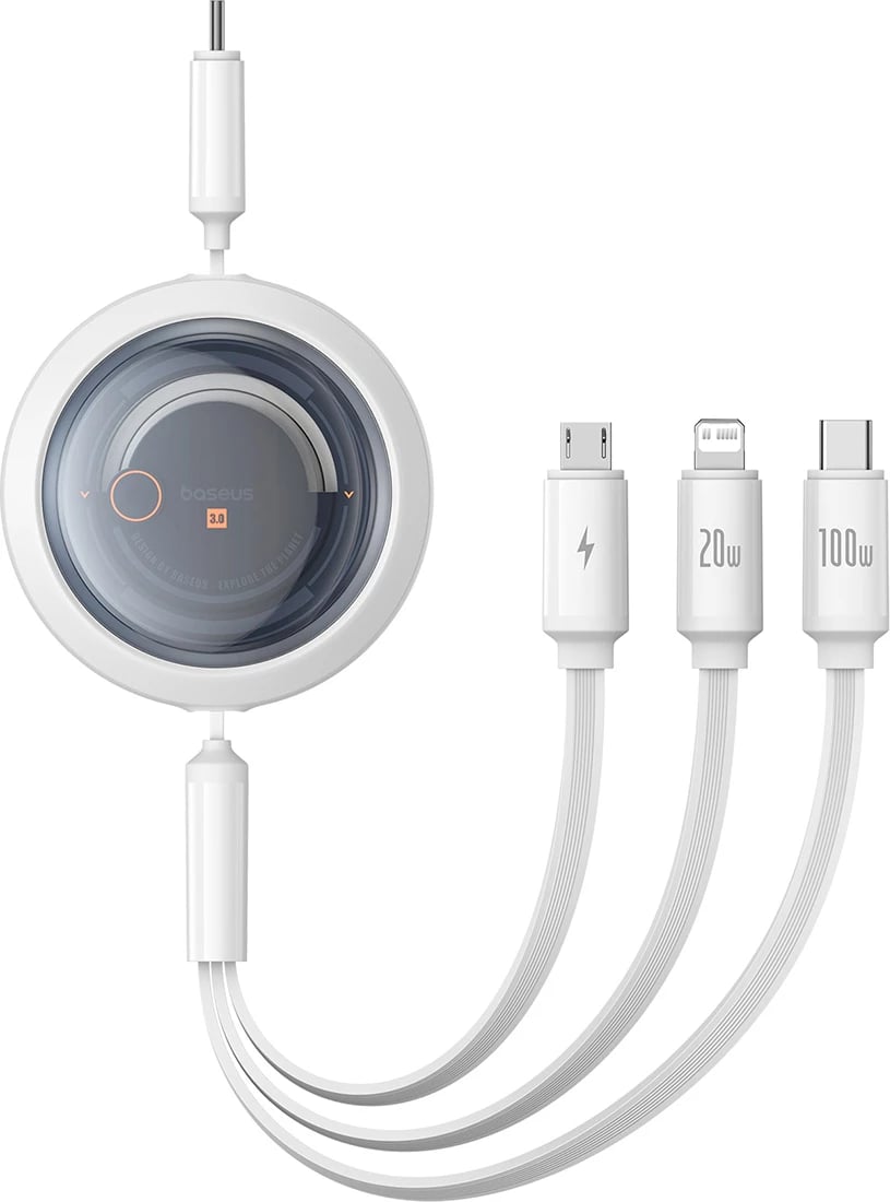 Kabllo tërheqëse Baseus Free2Draw CB000084, 1.1m, USB-C/Lightning/micro USB, 100W, Bardhë