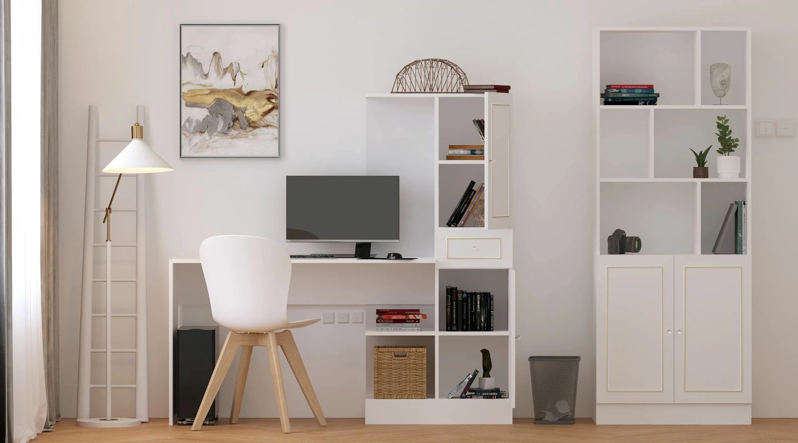 Tavolinë pune me raft librash, ngjyrë e bardhë mat, Skye Decor, Rb-087