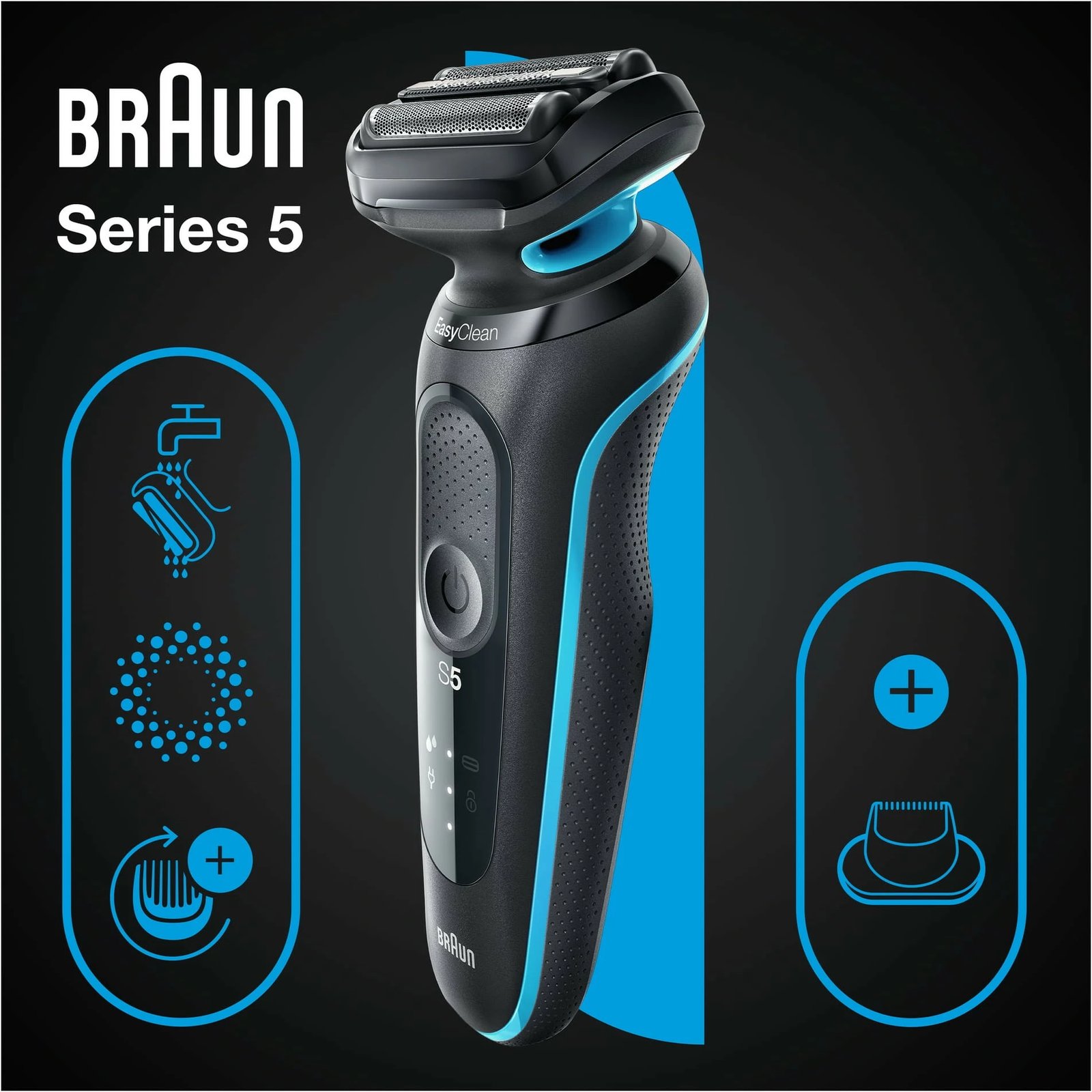 Makinë rroje Braun Series 5 51-M1200s, Foil shaver, AutoSense, Butona, Bateri, E zezë, Blu