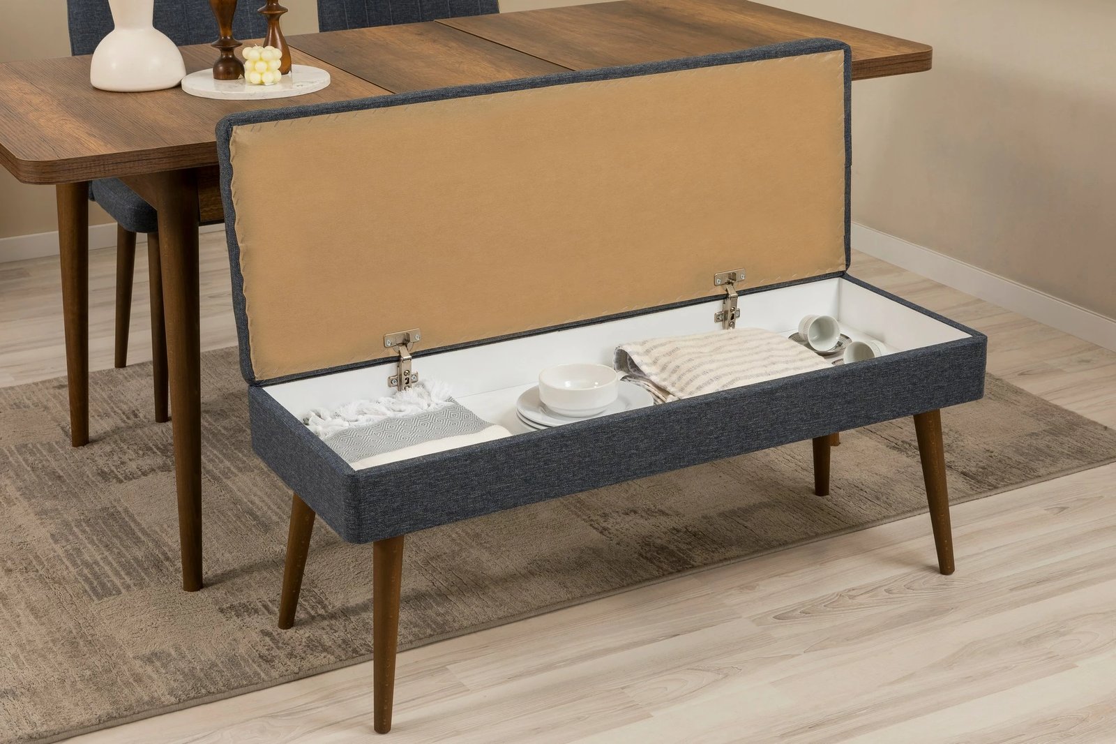 Set tavoline zgjeruese me karrige e konsol (6 pjesë), Skye Decor, Vina Bench 04 1048, ngjyrë arre, blu e errët