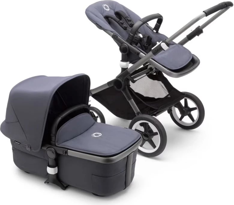 Bugaboo fox 3 carrycot and stroller with graphite frame, stormy blue fabrics and canopy