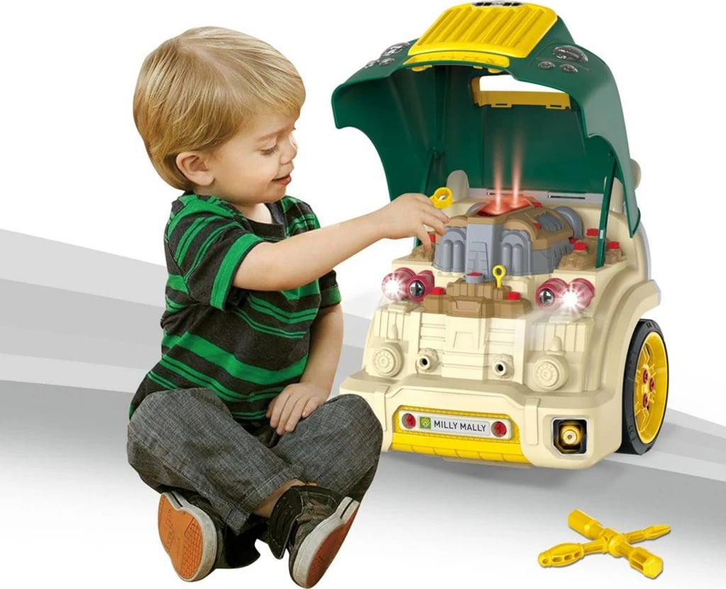Lodër edukative motor makine me kapak hapës, MILLY MALLY N-GINE, efekte dritë/tingull, timon me borinë, 3 AA, 3+ , e gjelbër, set 56 copë