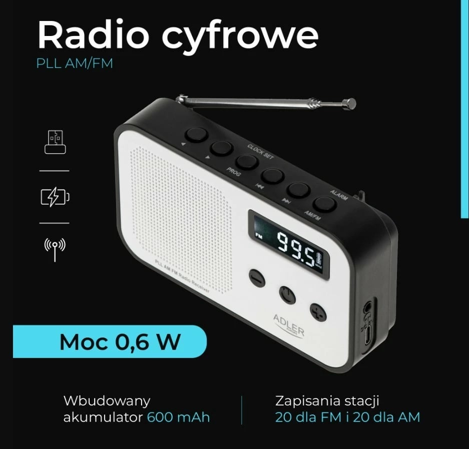 Radio digjitale Adler AD1907 PLL, e bardhë