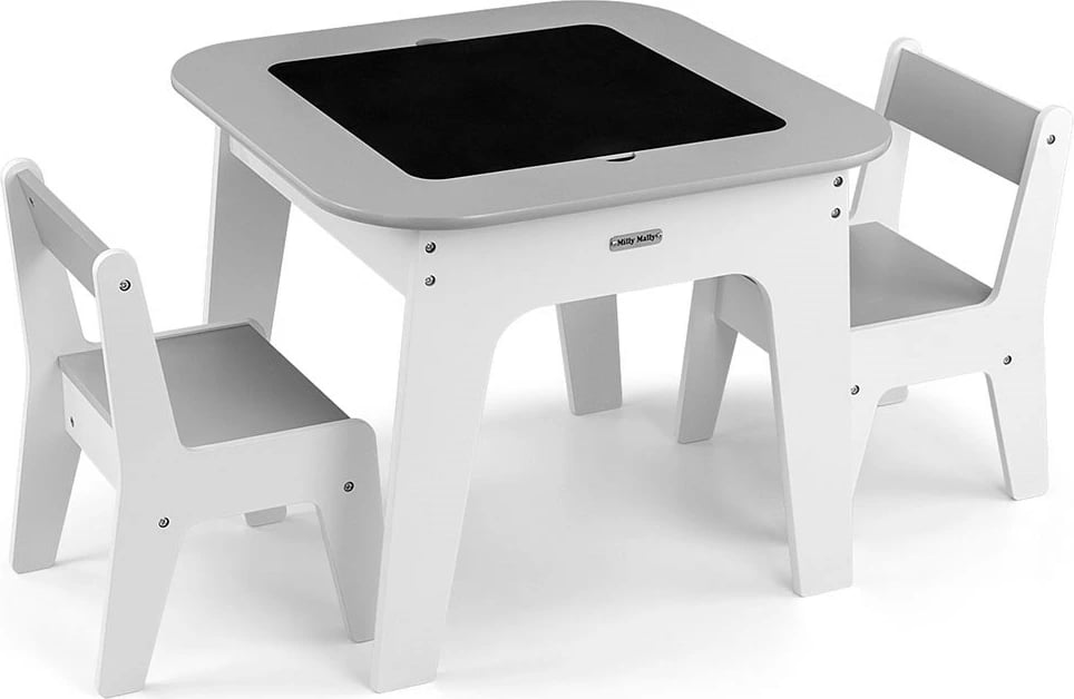set tavolinë + 2 karrige fëmijësh, Milly Mally Olaf, kapak i dyanshëm me tabelë shkumësi, hapësira magazinimi, MDF, gri