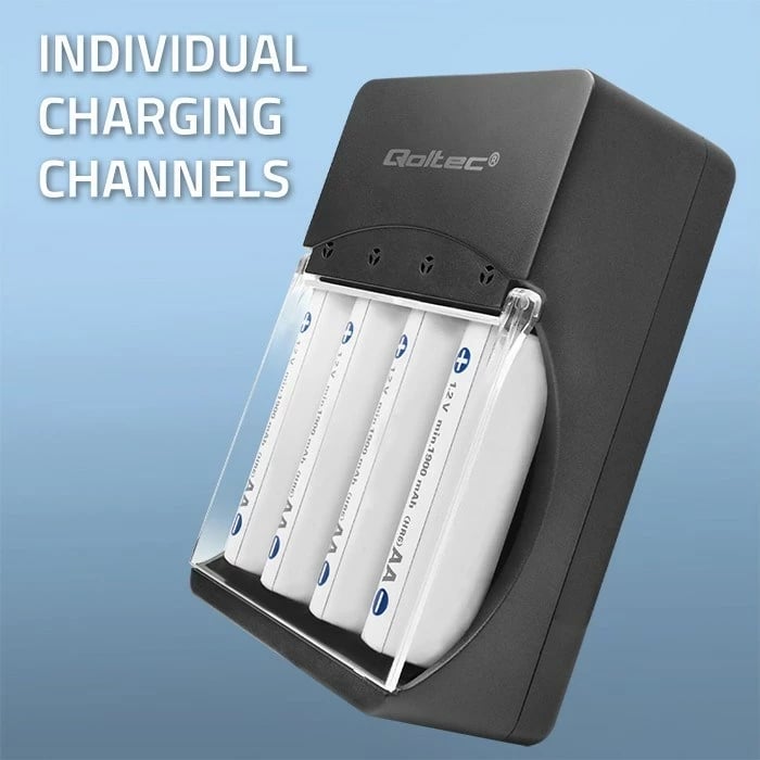 Karikues baterish Qoltec 50653 për Ni-MH R03/AAA R6/AA, Zi
