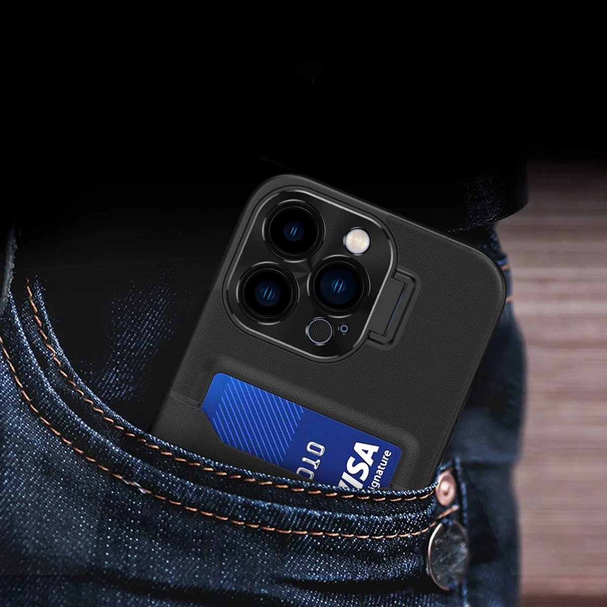 Mbështjellës Hurtel Leather Stand Case për iPhone 14 Plus, me xhep për kartela dhe mbajtëse, e zezë