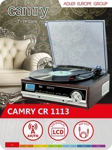 Gramafon, Camry CR 1113, 33/45/78 RPM, radio FM/AM, altoparlantë të integruara, LCD, AUX/RCA Gramafon, Camry CR 1113, 33/45/78 RPM, radio FM/AM, altoparlantë të integruara, LCD, AUX/RCA