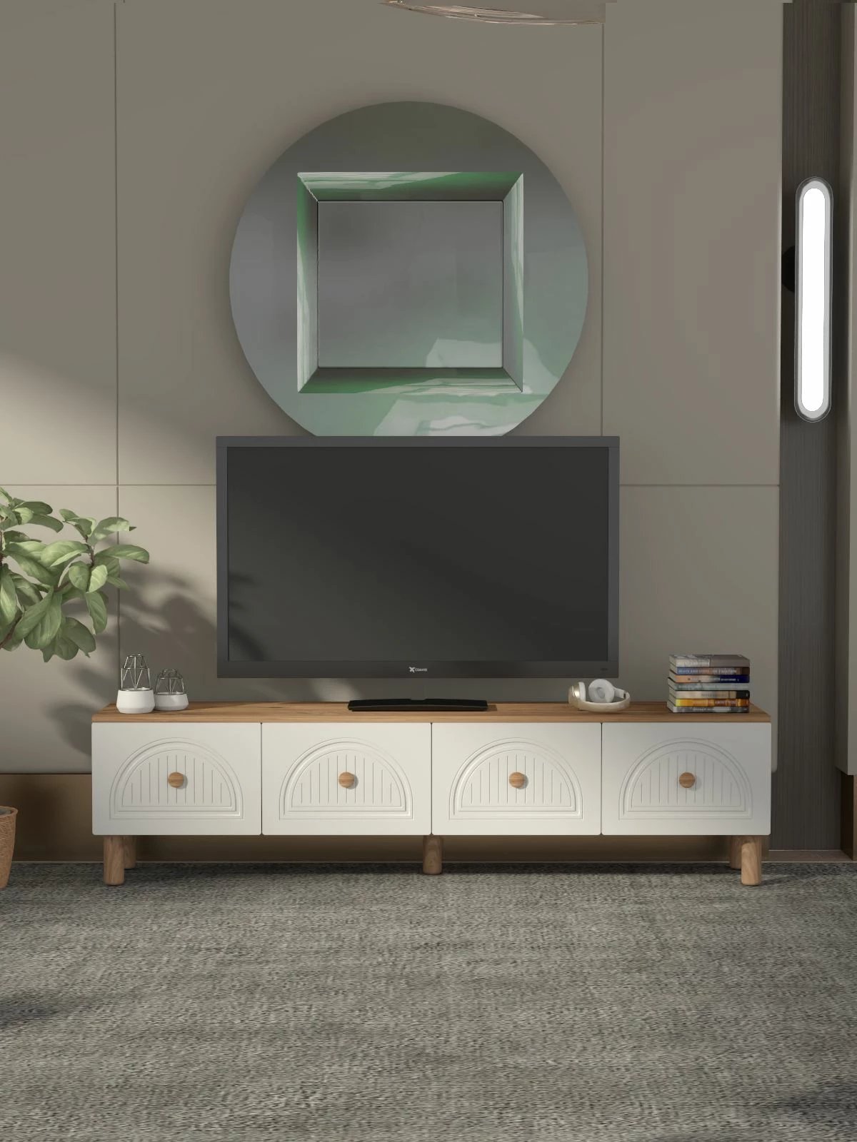 Komodë për TV Skye Decor, Arcera, ngjyrë pishë Atlantike dhe e bardhë