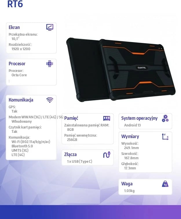 Tablet Oukitel RT6, 8/256GB, 10.1 inç, Android 13, Portokalli