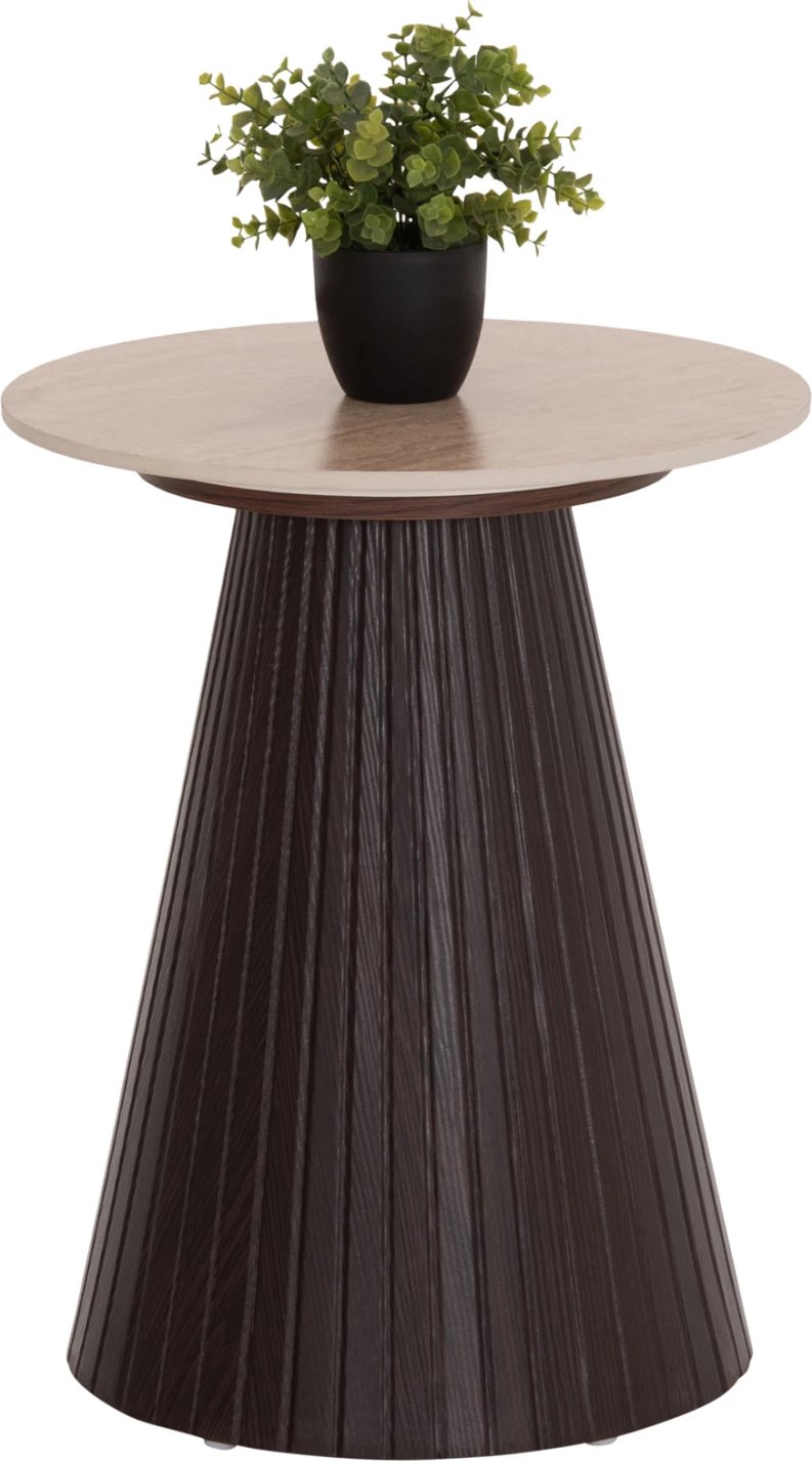 Tavolinë anësore CATER, sipërfaqe qeramike, pamje guri travertin, bazë MDF, Φ53x59Hcm