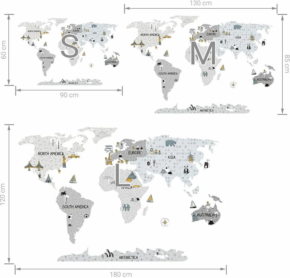 ngjitës muri, BAYO, Map M, hartë bote edukative, set i segmentuar me laminim mat, gri