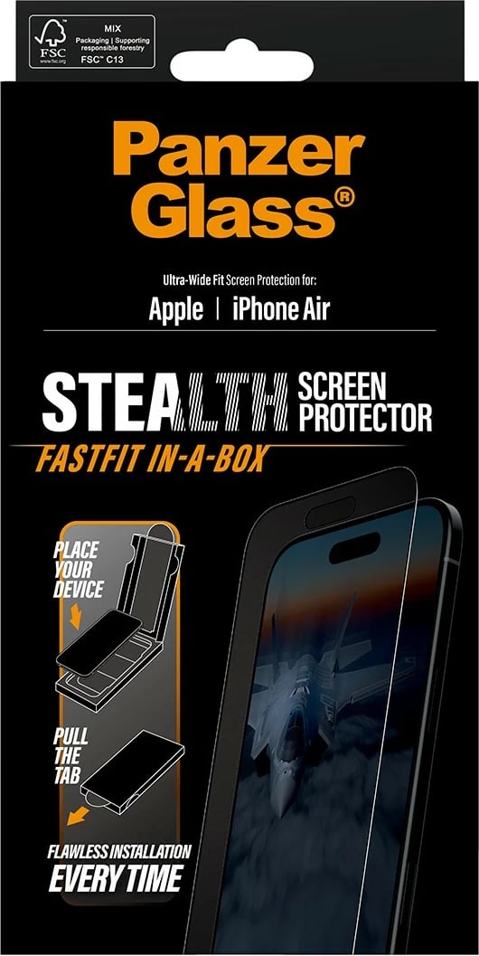 Mbrojtës ekrani PanzerGlass Stealth për iPhone 17 Air, Ultra-Wide Fit, kornizë e zezë