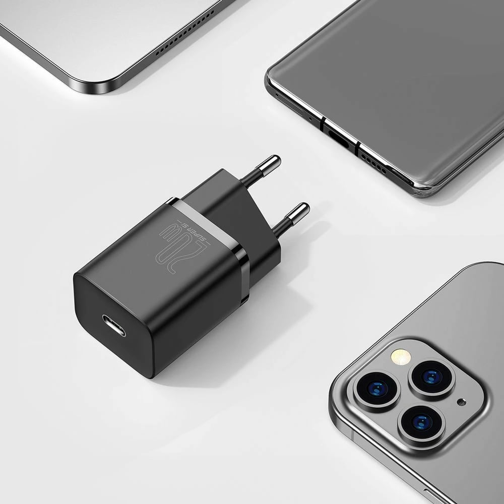 Karikues muri Baseus Super Si 1C, 20W, USB-C, me kabllo USB-C në Lightning 1m, Zi