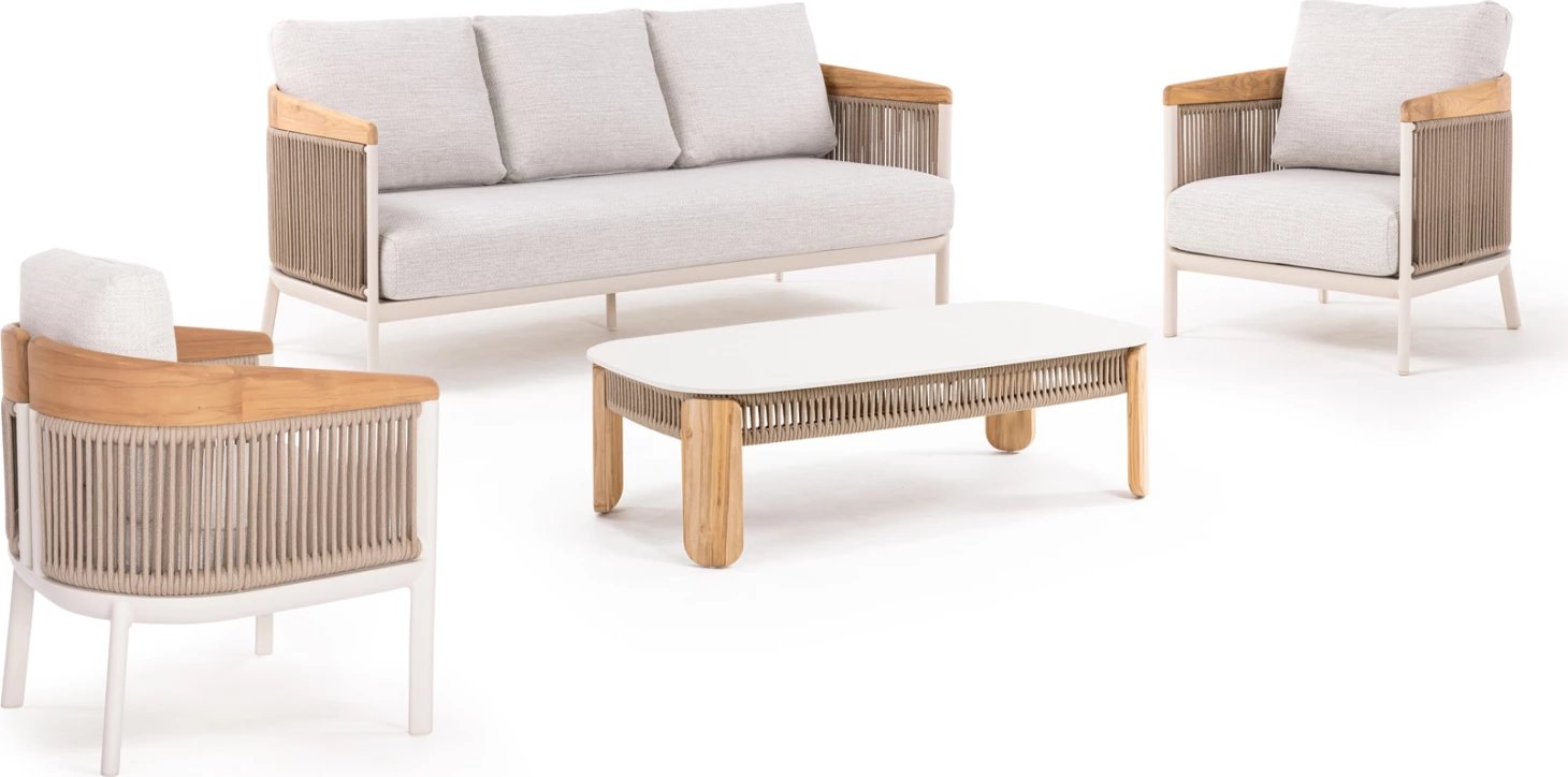 Set lounge për jashtë, 4 pjesë, ETHEREAL CD6165, alumin, litar, dru teak, gur i sinterizuar