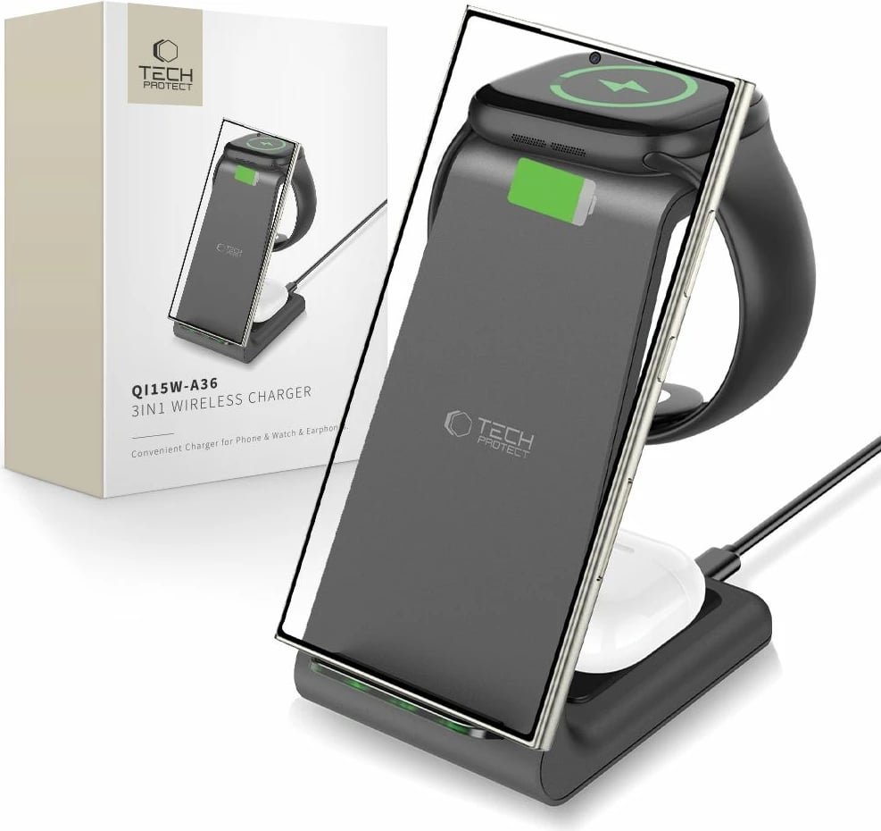 Stacion karikimi 3-në-1 Tech-Protect QI15W-A36, për Android, e zezë