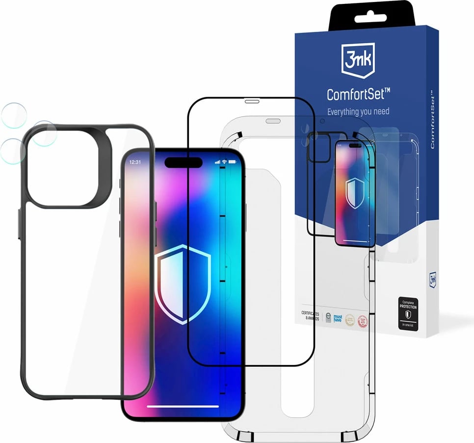 Set mbrojtës për telefon 3mk Comfort Set 4in1 për iPhone 14 Pro Max, Zi
