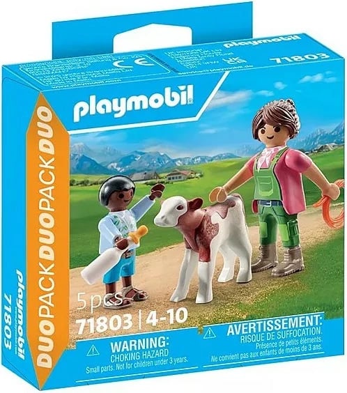 Set figurina Playmobil Duo Pack 71803, grua fshatare me fëmijë dhe viç, plastikë