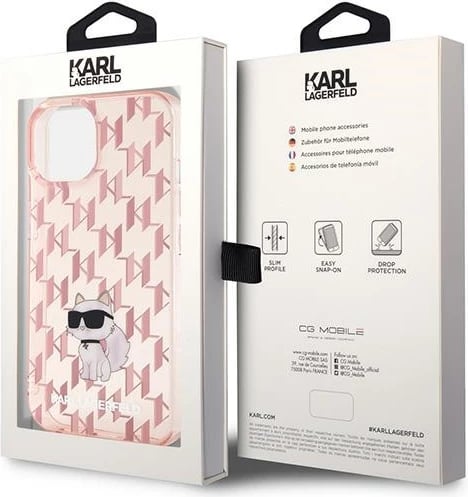 Mbështjellës Karl Lagerfeld Monogram Choupette për iPhone 15, Rozë