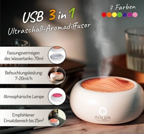 Difuzer arome ultrasonik, Adler, AD 7969, 70 ml, USB 5V, 3-në-1, i bardhë/dru i çelët