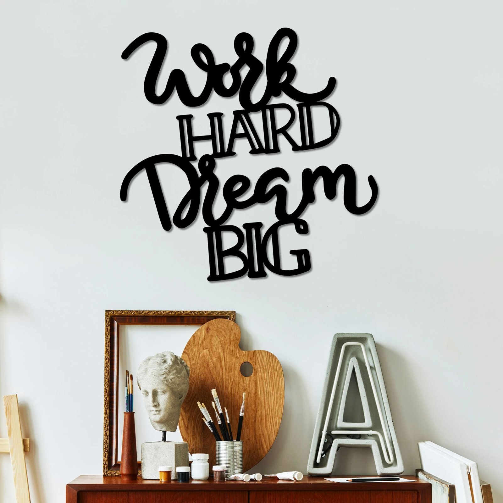 Aksesor dekorativ metalik për mur, Work Hard Dream Big, Wallity, ngjyrë e zezë