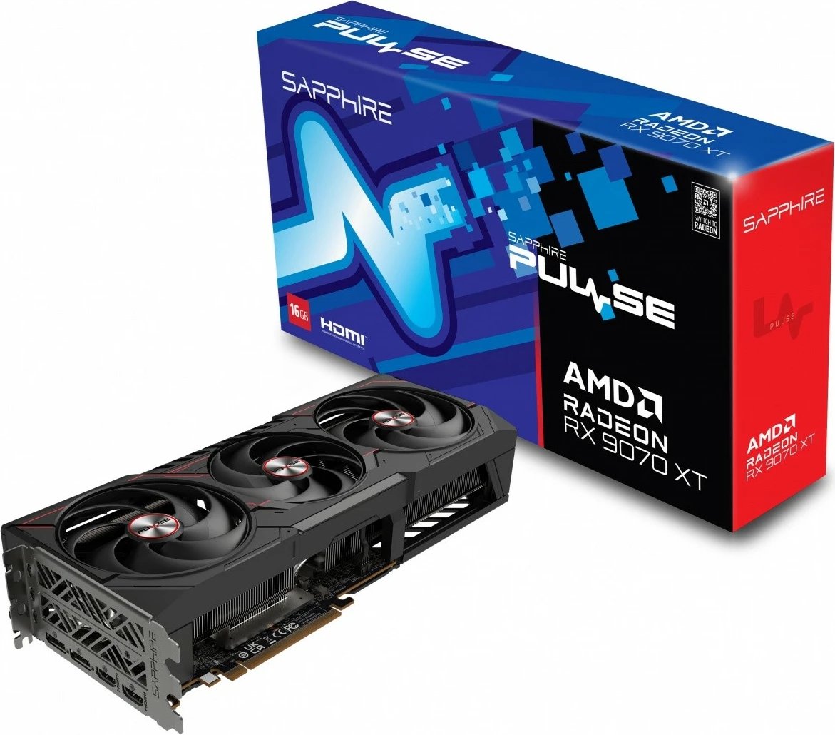 Kartelë grafike Sapphire Radeon RX 9070 XT PULSE, 16GB GDDR6, 256-bit, 3 ventilatorë, PCI-E 5.0