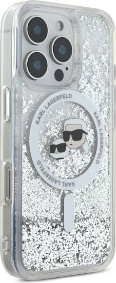 Mbështjellës Karl Lagerfeld Liquid Glitter Karl & Choupette Head MagSafe për iPhone 16 Pro, Transparent