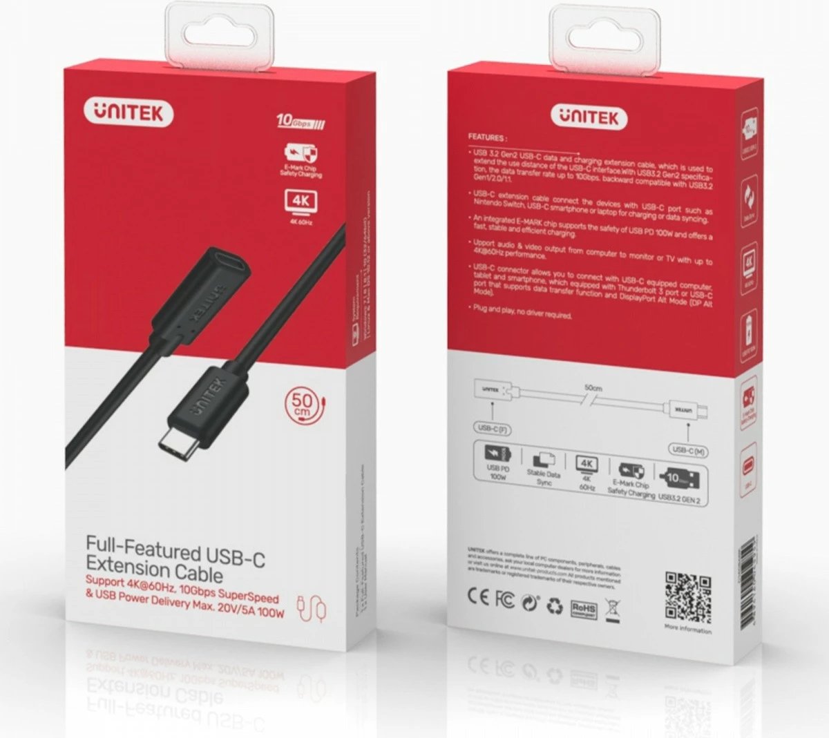 Kabllo zgjatues USB-C Unitek C14086BK-1M, 1m, 10Gbps, 100W, e zezë