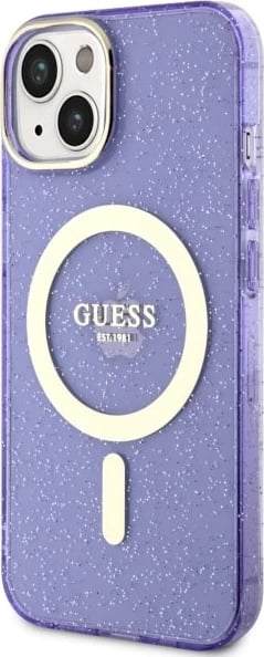 Mbështjellës Guess Glitter Gold MagSafe për iPhone 14, Violet