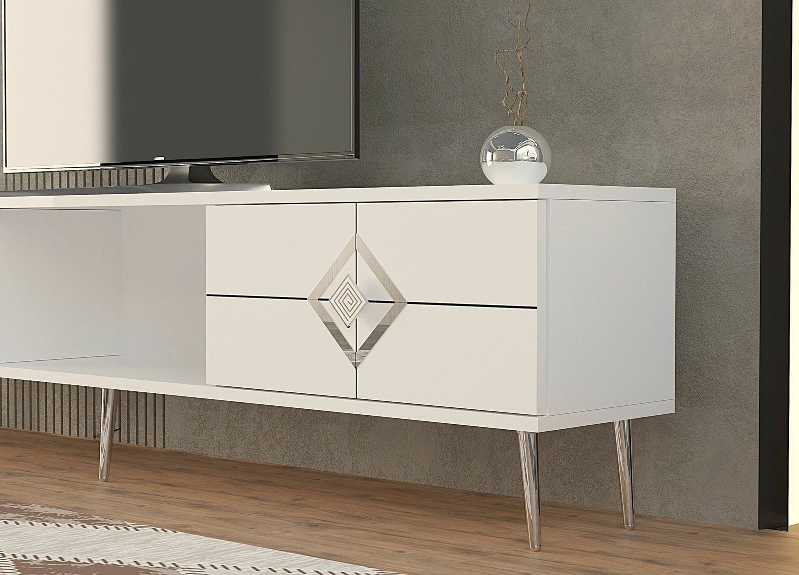 Komodë TV Skye Decor, e bardhë, argjend