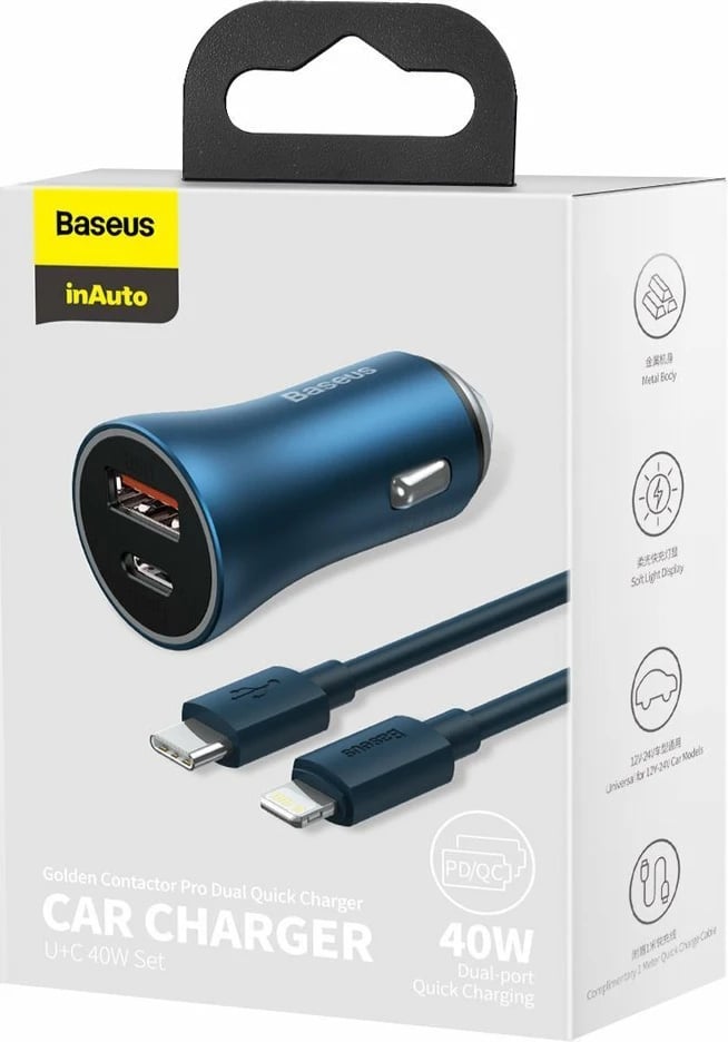 Karikues veture Baseus Golden Contactor Pro 40W me kabllo USB Type-C në Lightning, Blu