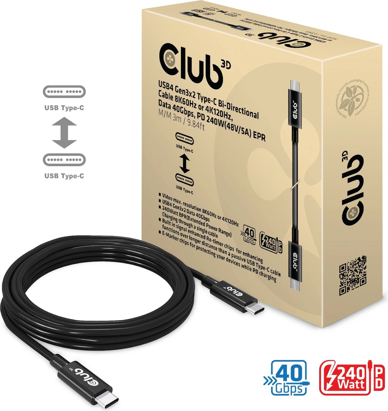 Kabllo USB Type-C Club3D 3m, 240W, 8K, 40Gbps, e zezë