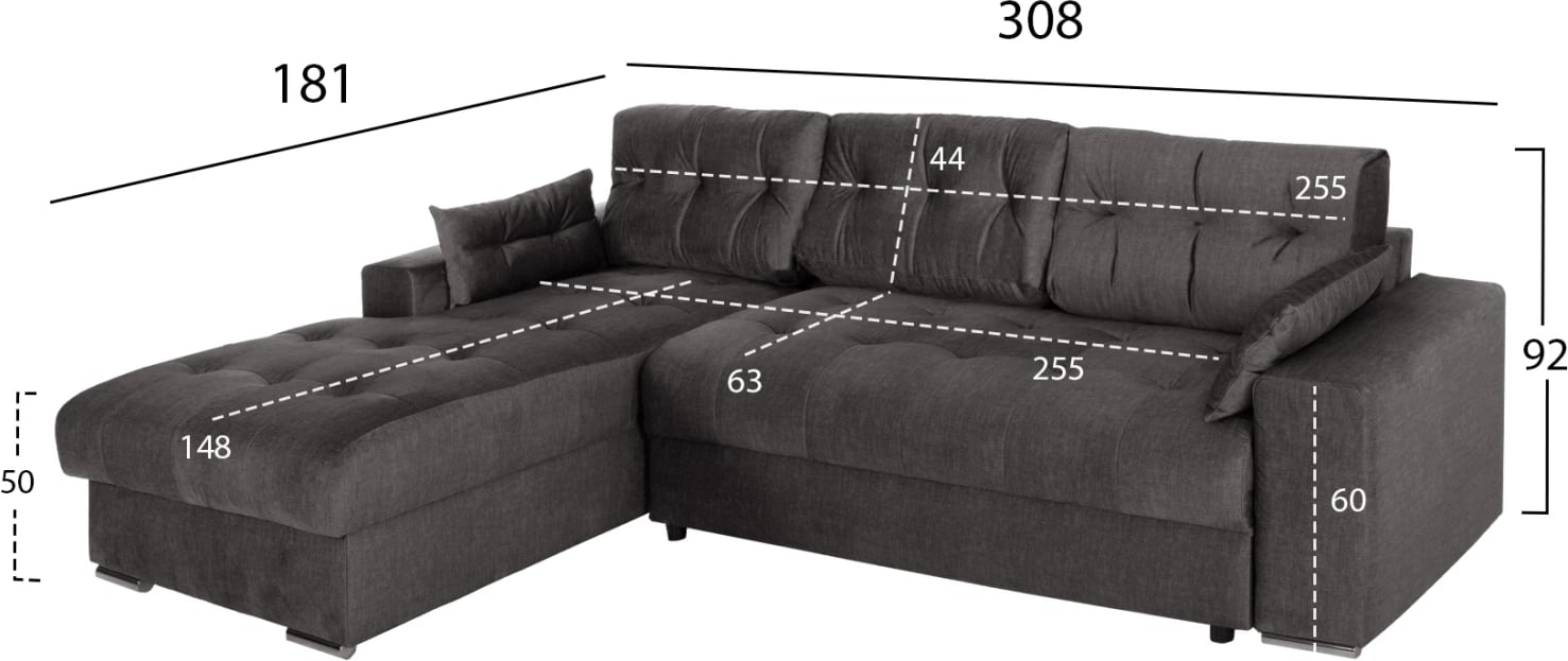 Divan qoshe (majtas) me shtrat dhe hapësirë ruajtjeje CLANCY FH3281.02L, pëlhurë antracit, 308x181x92H cm